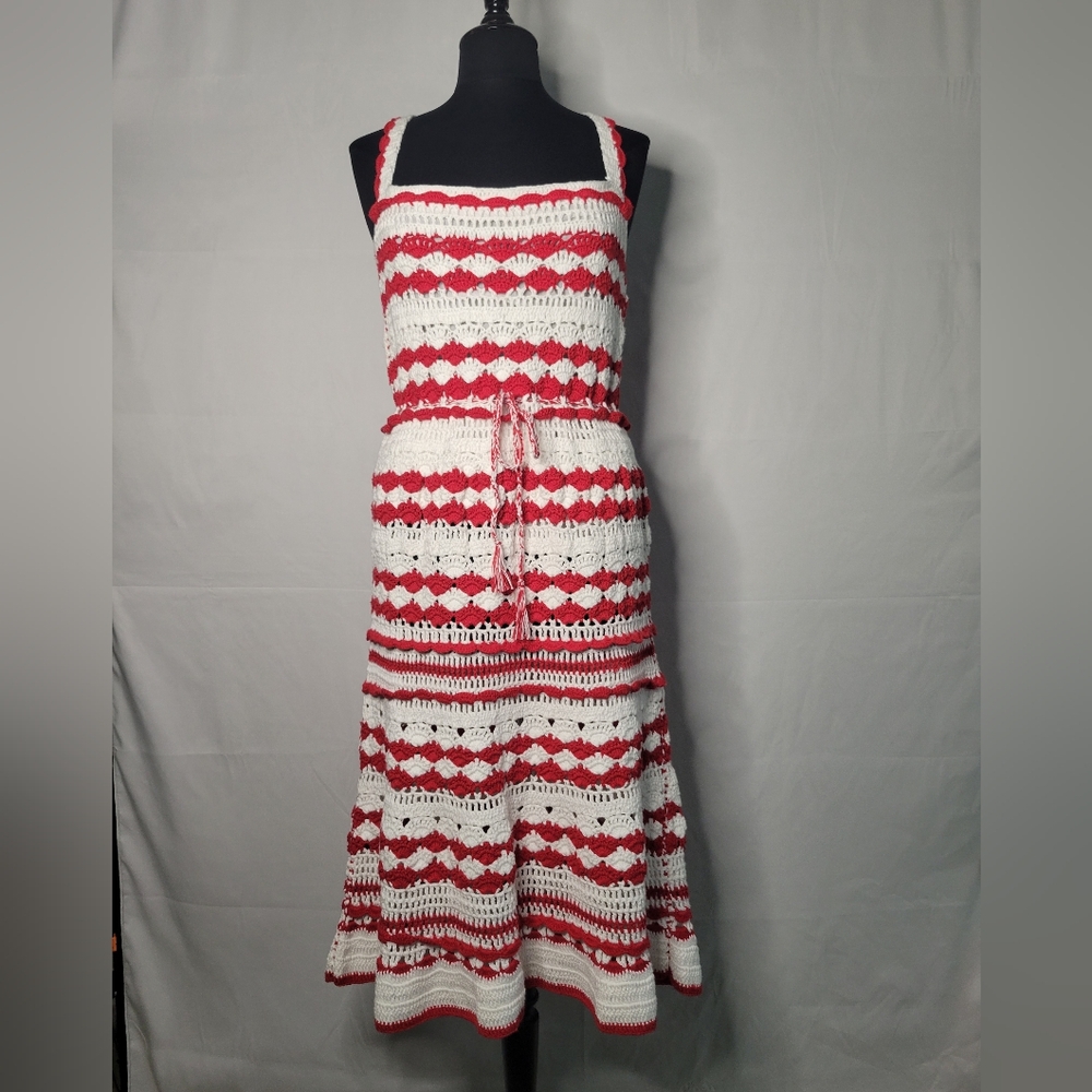 Never a Wallflower Red & White Wide Strap Midi Crochet Dress